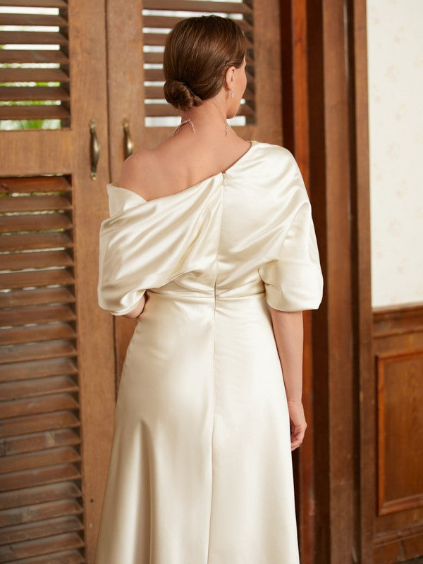 Salma A-Line/Princess Charmeuse Ruched Off-the-Shoulder 1/2 Sleeves Tea-Length Mother of the Bride Dresses DFP0020363