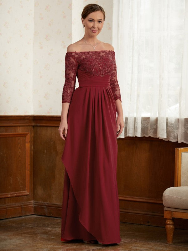 Yamilet A-Line/Princess Stretch Crepe Lace Off-the-Shoulder 3/4 Sleeves Floor-Length Mother of the Bride Dresses DFP0020350