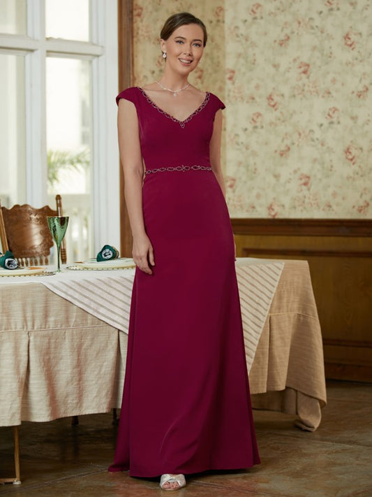 Ava Sheath/Column Stretch Crepe Beading V-neck Sleeveless Floor-Length Mother of the Bride Dresses DFP0020330