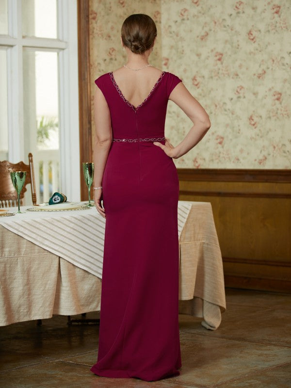 Ava Sheath/Column Stretch Crepe Beading V-neck Sleeveless Floor-Length Mother of the Bride Dresses DFP0020330