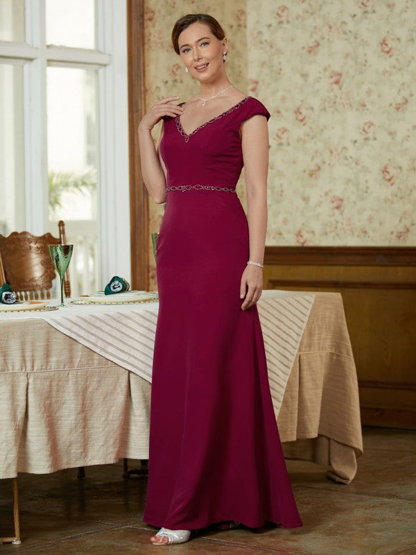 Ava Sheath/Column Stretch Crepe Beading V-neck Sleeveless Floor-Length Mother of the Bride Dresses DFP0020330