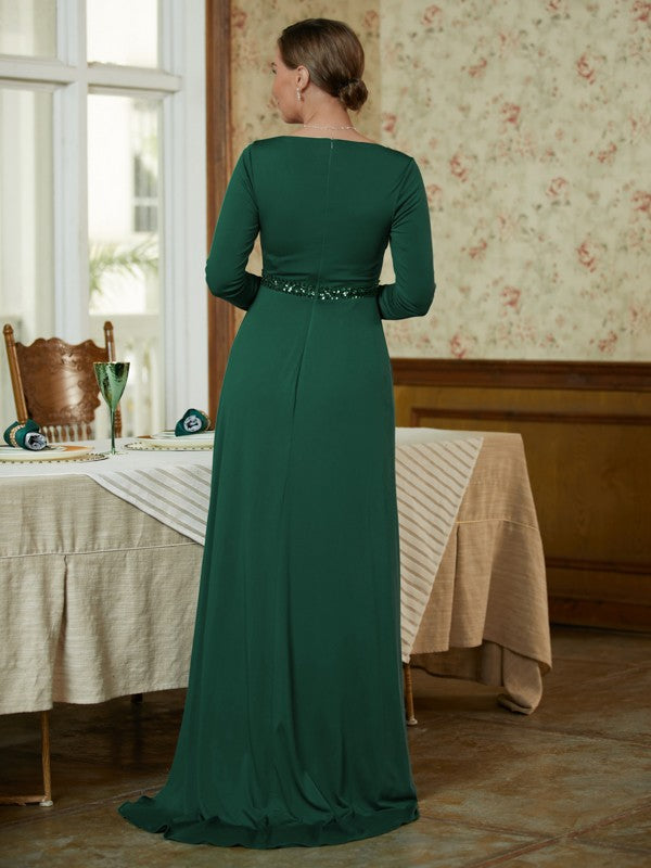 Rachael A-Line/Princess Jersey Beading V-neck Long Sleeves Sweep/Brush Train Mother of the Bride Dresses DFP0020357