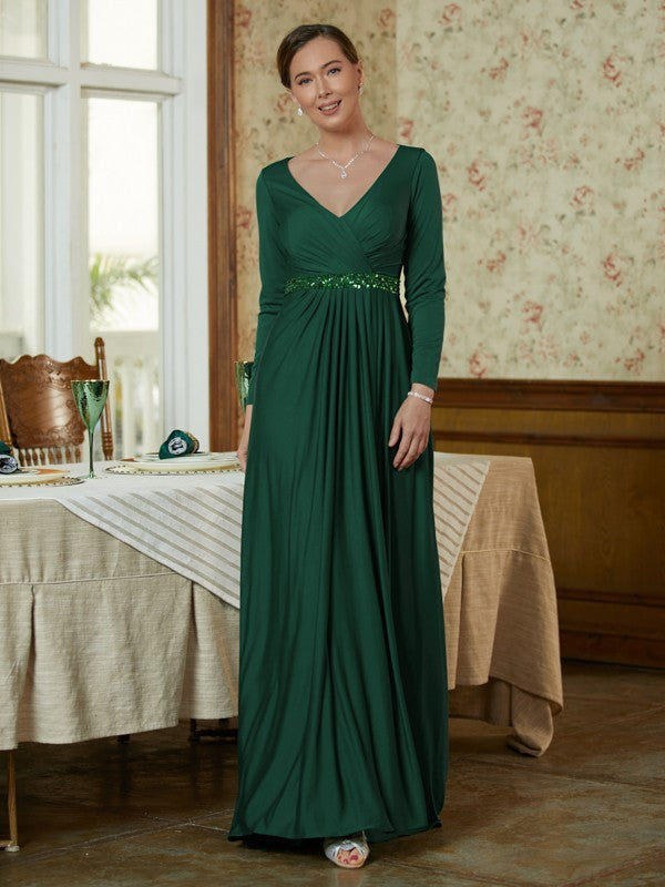 Rachael A-Line/Princess Jersey Beading V-neck Long Sleeves Sweep/Brush Train Mother of the Bride Dresses DFP0020357