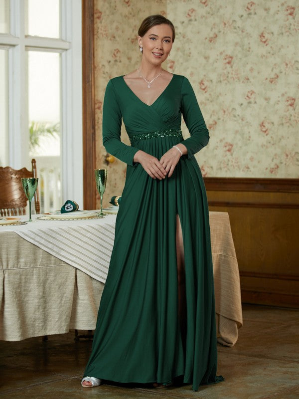 Rachael A-Line/Princess Jersey Beading V-neck Long Sleeves Sweep/Brush Train Mother of the Bride Dresses DFP0020357