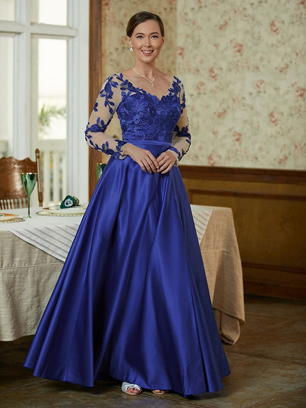 Lilly A-Line/Princess Satin Applique V-neck Long Sleeves Floor-Length Mother of the Bride Dresses DFP0020358