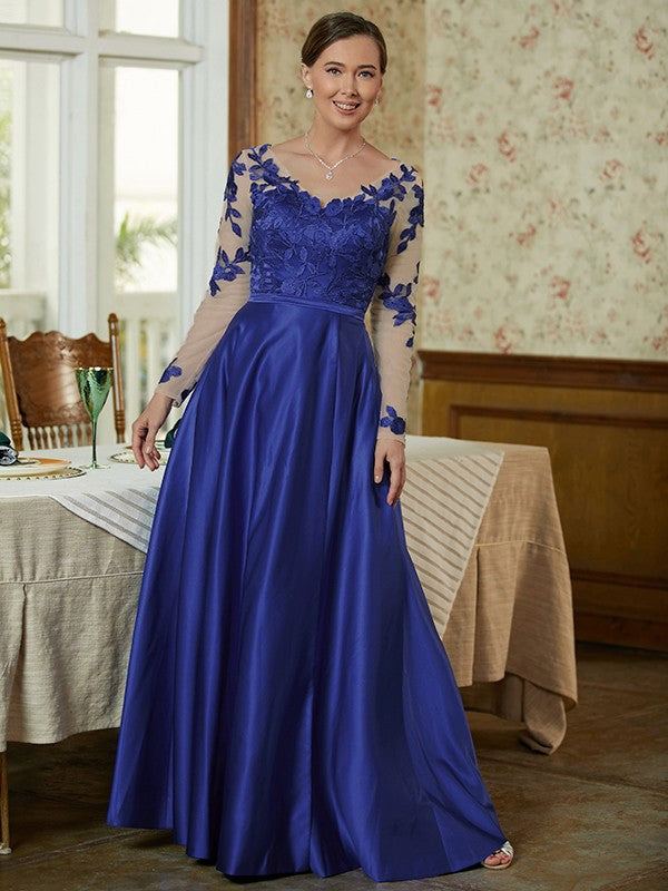 Lilly A-Line/Princess Satin Applique V-neck Long Sleeves Floor-Length Mother of the Bride Dresses DFP0020358