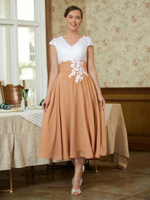 Hope A-Line/Princess Chiffon Lace V-neck Sleeveless Tea-Length Mother of the Bride Dresses DFP0020364