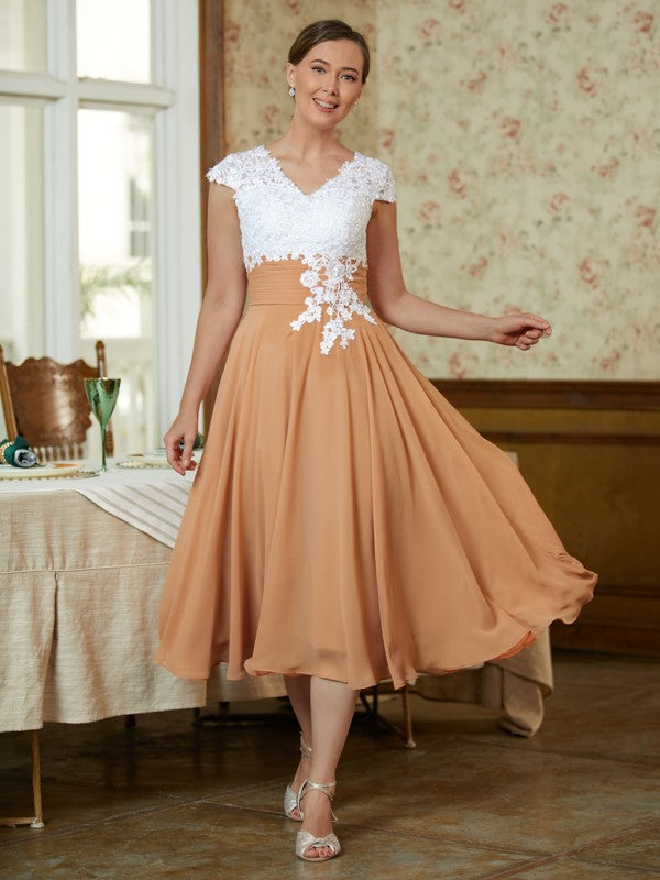 Hope A-Line/Princess Chiffon Lace V-neck Sleeveless Tea-Length Mother of the Bride Dresses DFP0020364