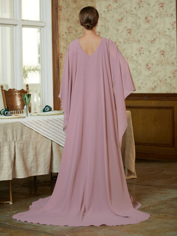 Kimora Sheath/Column Chiffon Ruffles Scoop Long Sleeves Sweep/Brush Train Mother of the Bride Dresses DFP0020360