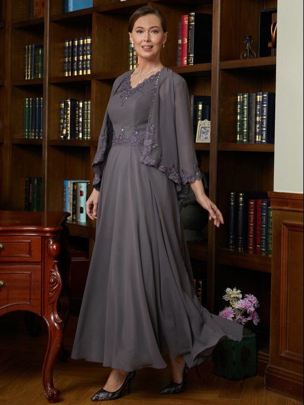 Lila A-Line/Princess Chiffon Applique V-neck Sleeveless Ankle-Length Mother of the Bride Dresses DFP0020365