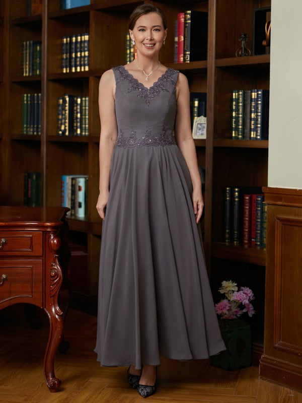 Lila A-Line/Princess Chiffon Applique V-neck Sleeveless Ankle-Length Mother of the Bride Dresses DFP0020365