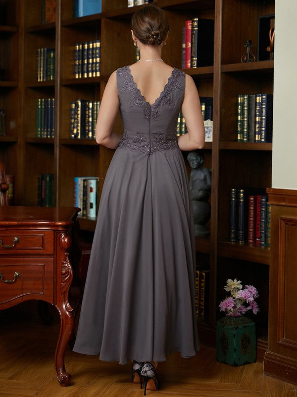 Lila A-Line/Princess Chiffon Applique V-neck Sleeveless Ankle-Length Mother of the Bride Dresses DFP0020365