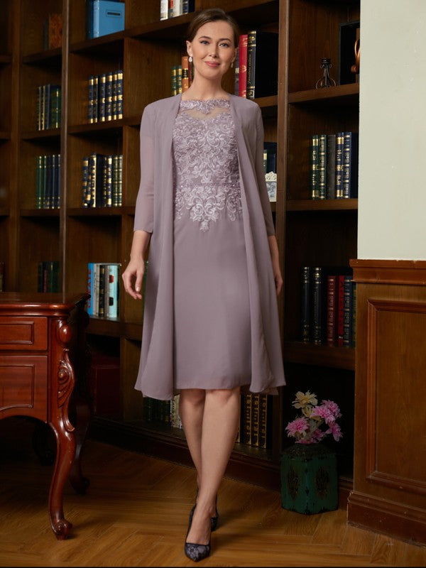 Sophronia Sheath/Column Chiffon Lace Scoop Short Sleeves Knee-Length Mother of the Bride Dresses DFP0020316