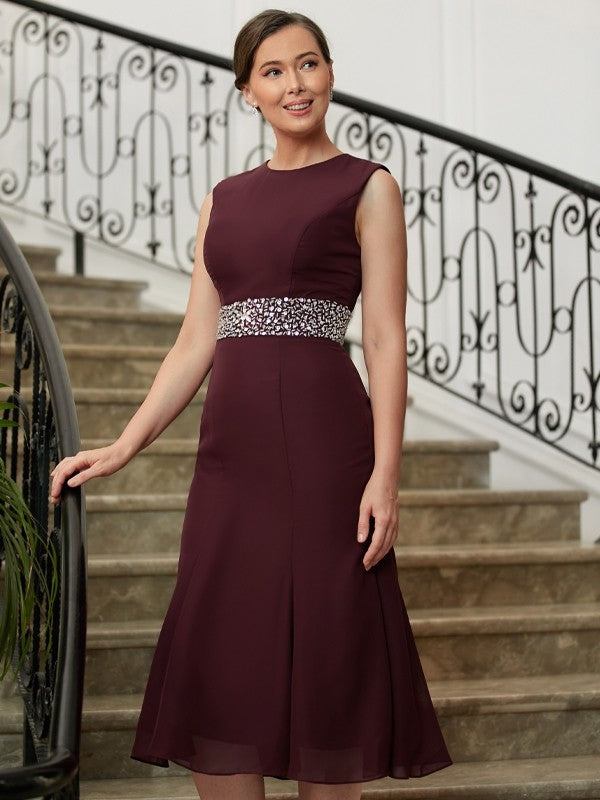 Jordan Sheath/Column Chiffon Beading Scoop Sleeveless Tea-Length Mother of the Bride Dresses DFP0020370