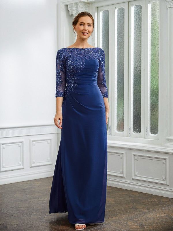 Nia Sheath/Column Chiffon Applique Bateau 3/4 Sleeves Floor-Length Mother of the Bride Dresses DFP0020280