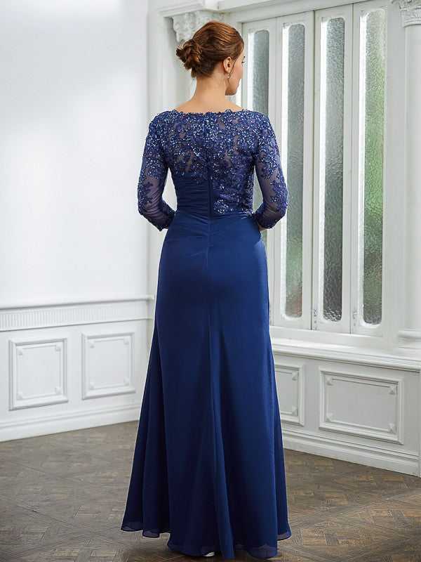 Nia Sheath/Column Chiffon Applique Bateau 3/4 Sleeves Floor-Length Mother of the Bride Dresses DFP0020280