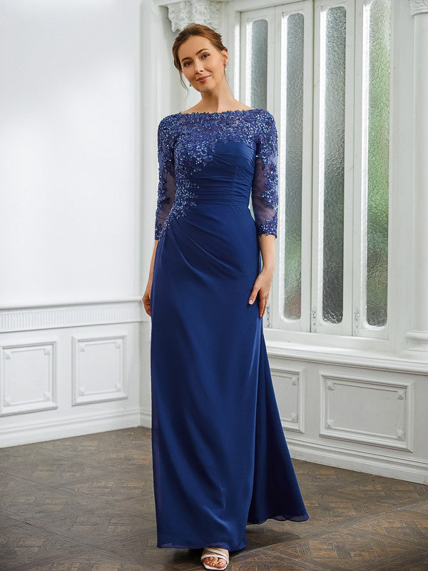 Nia Sheath/Column Chiffon Applique Bateau 3/4 Sleeves Floor-Length Mother of the Bride Dresses DFP0020280