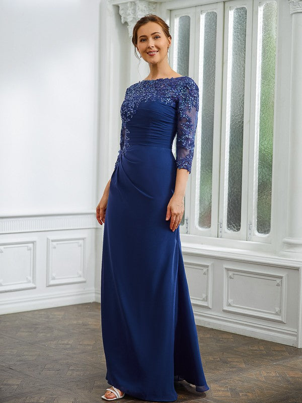 Nia Sheath/Column Chiffon Applique Bateau 3/4 Sleeves Floor-Length Mother of the Bride Dresses DFP0020280