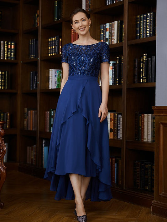 Amiya A-Line/Princess Chiffon Applique Bateau Short Sleeves Asymmetrical Mother of the Bride Dresses DFP0020281