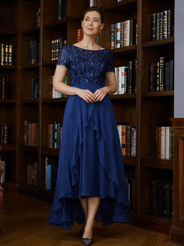 Amiya A-Line/Princess Chiffon Applique Bateau Short Sleeves Asymmetrical Mother of the Bride Dresses DFP0020281