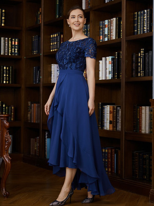 Amiya A-Line/Princess Chiffon Applique Bateau Short Sleeves Asymmetrical Mother of the Bride Dresses DFP0020281