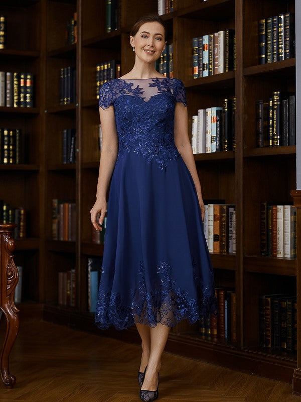 Ruby A-Line/Princess Chiffon Applique Bateau Short Sleeves Tea-Length Mother of the Bride Dresses DFP0020275