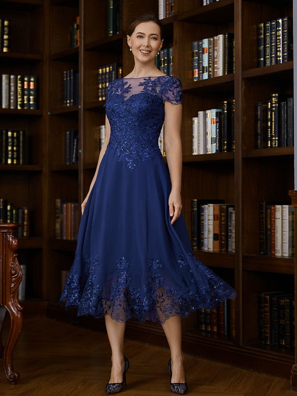 Ruby A-Line/Princess Chiffon Applique Bateau Short Sleeves Tea-Length Mother of the Bride Dresses DFP0020275