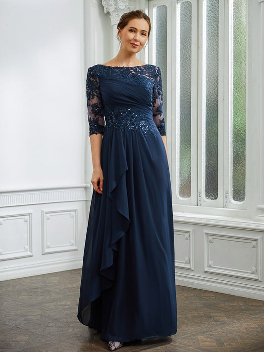 Kayley A-Line/Princess Chiffon Applique Bateau 3/4 Sleeves Floor-Length Mother of the Bride Dresses DFP0020276