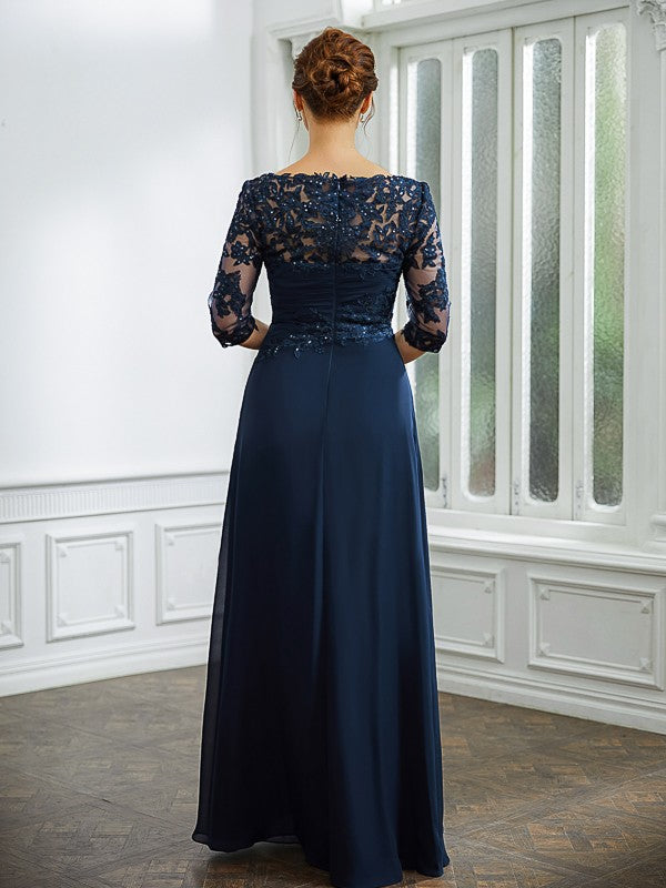 Kayley A-Line/Princess Chiffon Applique Bateau 3/4 Sleeves Floor-Length Mother of the Bride Dresses DFP0020276