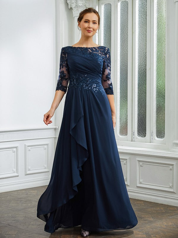 Kayley A-Line/Princess Chiffon Applique Bateau 3/4 Sleeves Floor-Length Mother of the Bride Dresses DFP0020276