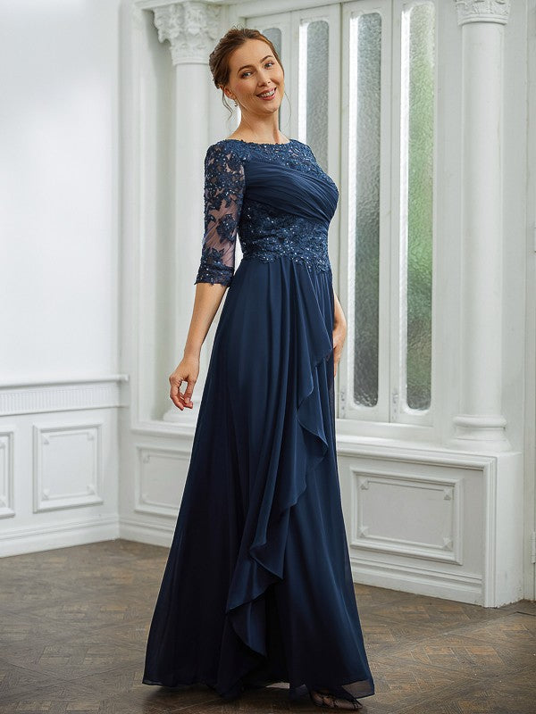 Kayley A-Line/Princess Chiffon Applique Bateau 3/4 Sleeves Floor-Length Mother of the Bride Dresses DFP0020276