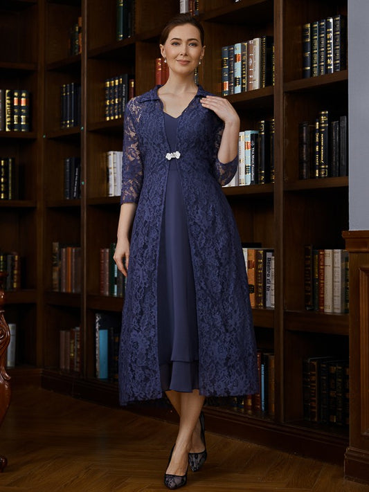 Ellie A-Line/Princess Chiffon Ruched V-neck Sleeveless Tea-Length Mother of the Bride Dresses DFP0020277