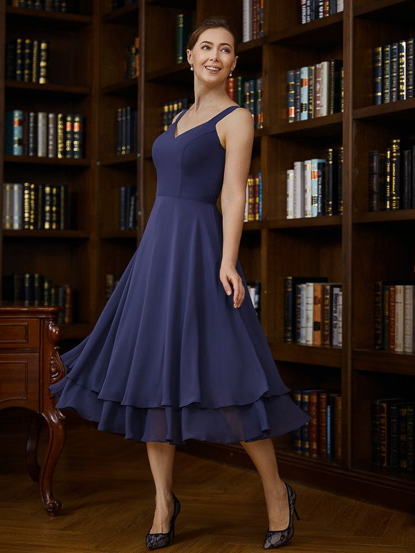 Ellie A-Line/Princess Chiffon Ruched V-neck Sleeveless Tea-Length Mother of the Bride Dresses DFP0020277