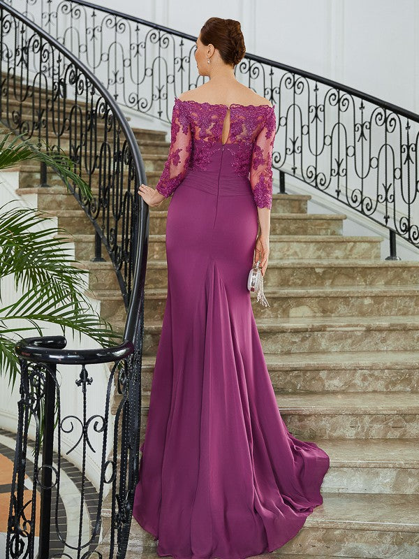 Jaslyn Sheath/Column Chiffon Applique Off-the-Shoulder 3/4 Sleeves Sweep/Brush Train Mother of the Bride Dresses DFP0020278