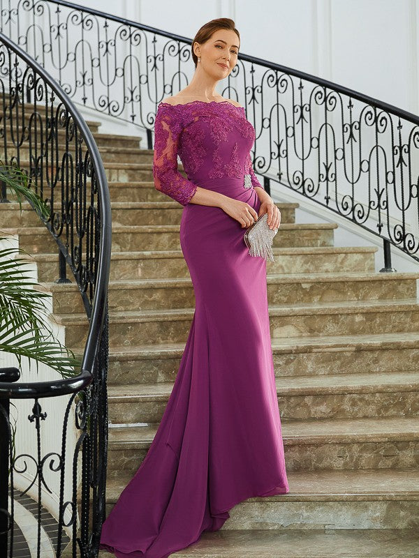 Jaslyn Sheath/Column Chiffon Applique Off-the-Shoulder 3/4 Sleeves Sweep/Brush Train Mother of the Bride Dresses DFP0020278