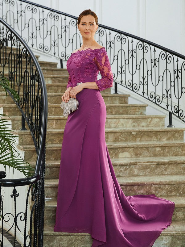 Jaslyn Sheath/Column Chiffon Applique Off-the-Shoulder 3/4 Sleeves Sweep/Brush Train Mother of the Bride Dresses DFP0020278