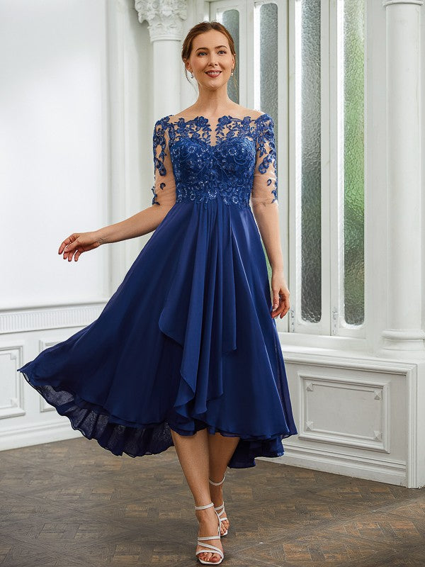 Reese A-Line/Princess Chiffon Applique Bateau 1/2 Sleeves Tea-Length Mother of the Bride Dresses DFP0020279