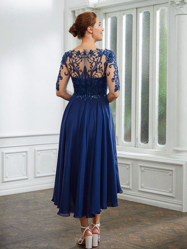 Reese A-Line/Princess Chiffon Applique Bateau 1/2 Sleeves Tea-Length Mother of the Bride Dresses DFP0020279