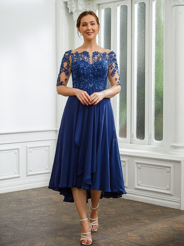 Reese A-Line/Princess Chiffon Applique Bateau 1/2 Sleeves Tea-Length Mother of the Bride Dresses DFP0020279