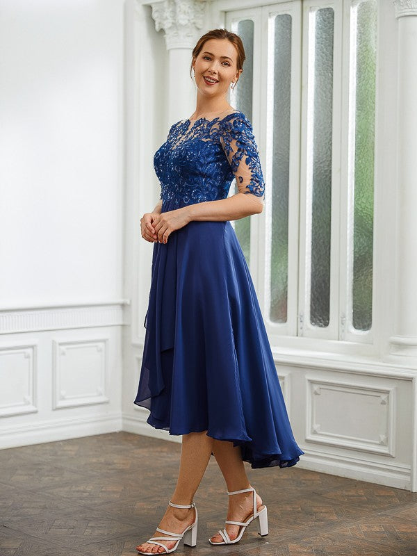 Reese A-Line/Princess Chiffon Applique Bateau 1/2 Sleeves Tea-Length Mother of the Bride Dresses DFP0020279