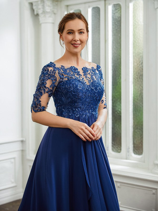 Reese A-Line/Princess Chiffon Applique Bateau 1/2 Sleeves Tea-Length Mother of the Bride Dresses DFP0020279