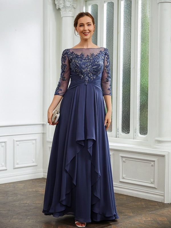 Aurora A-Line/Princess Chiffon Applique Bateau 3/4 Sleeves Floor-Length Mother of the Bride Dresses DFP0020266