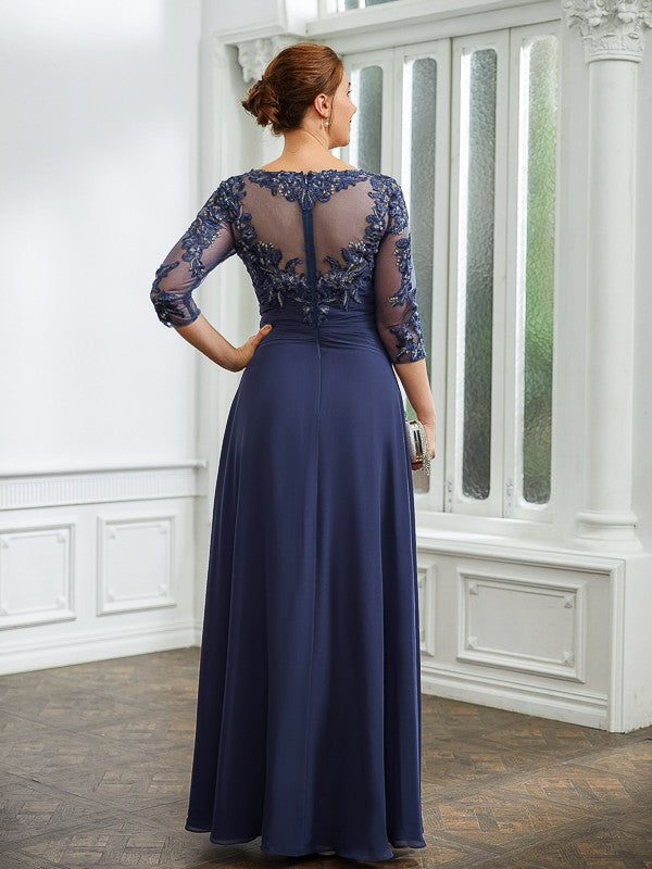 Aurora A-Line/Princess Chiffon Applique Bateau 3/4 Sleeves Floor-Length Mother of the Bride Dresses DFP0020266