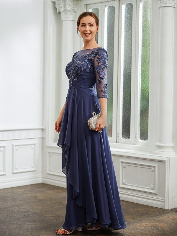 Aurora A-Line/Princess Chiffon Applique Bateau 3/4 Sleeves Floor-Length Mother of the Bride Dresses DFP0020266