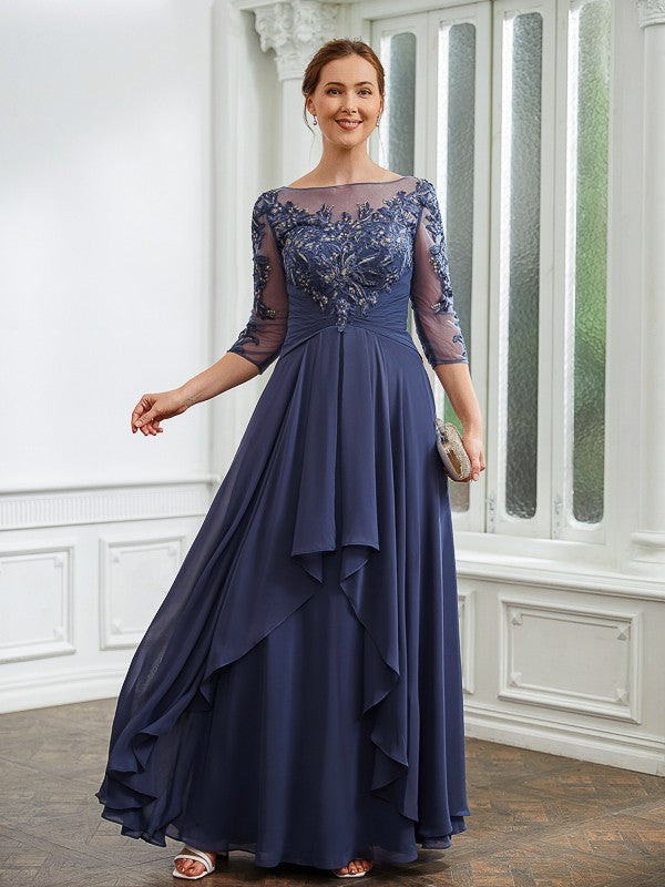 Aurora A-Line/Princess Chiffon Applique Bateau 3/4 Sleeves Floor-Length Mother of the Bride Dresses DFP0020266