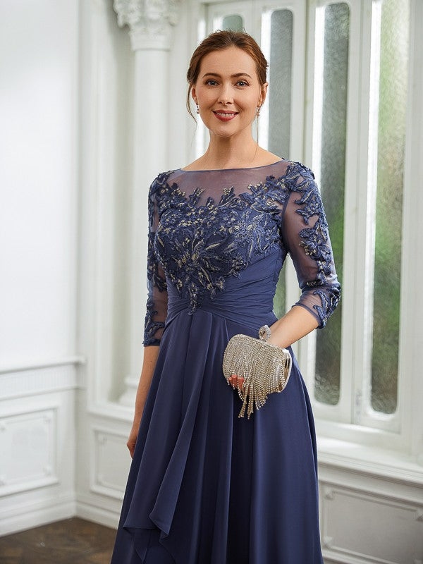 Aurora A-Line/Princess Chiffon Applique Bateau 3/4 Sleeves Floor-Length Mother of the Bride Dresses DFP0020266