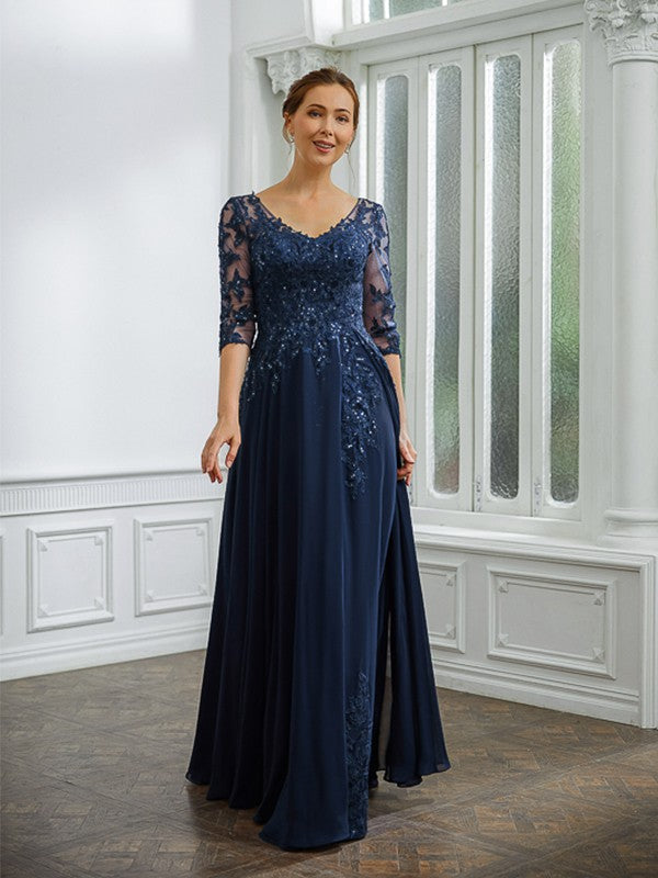 Annabel A-Line/Princess Chiffon Applique V-neck 3/4 Sleeves Floor-Length Mother of the Bride Dresses DFP0020267