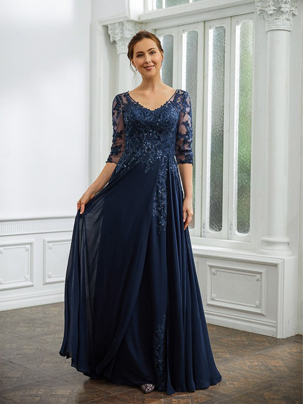 Annabel A-Line/Princess Chiffon Applique V-neck 3/4 Sleeves Floor-Length Mother of the Bride Dresses DFP0020267