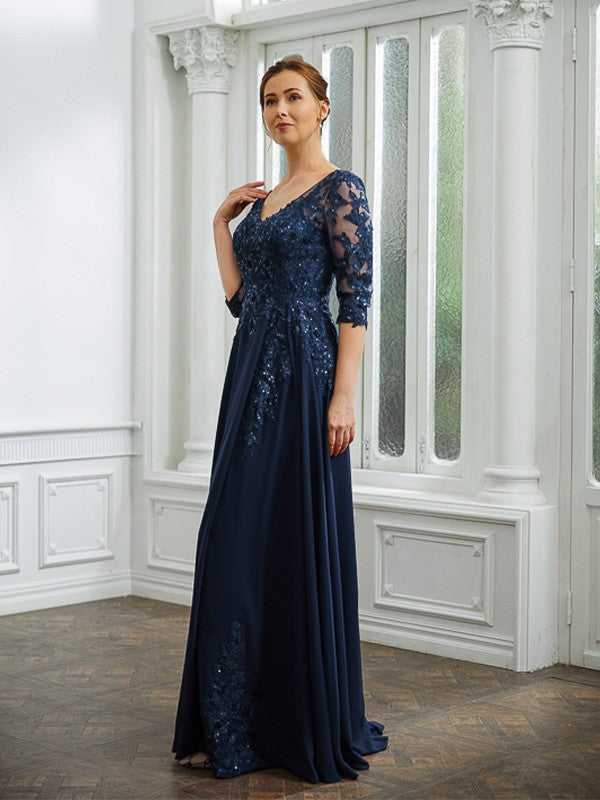 Annabel A-Line/Princess Chiffon Applique V-neck 3/4 Sleeves Floor-Length Mother of the Bride Dresses DFP0020267