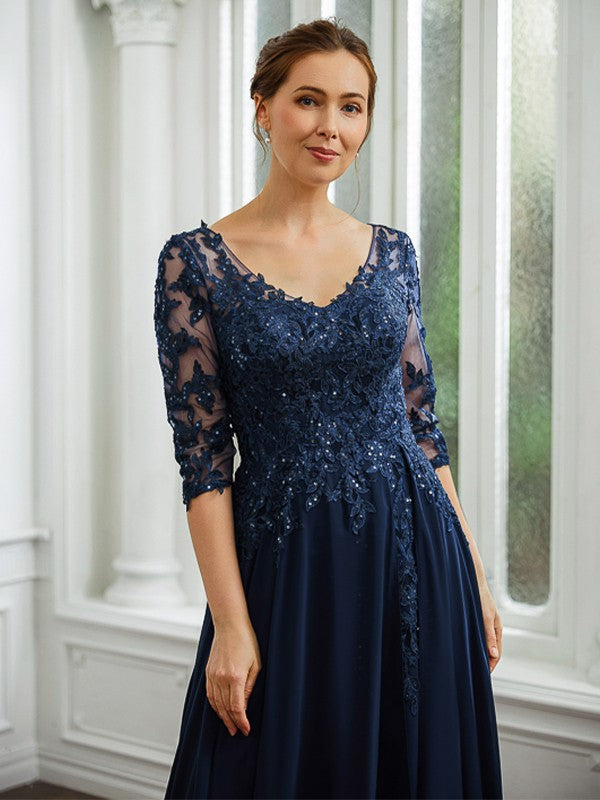 Annabel A-Line/Princess Chiffon Applique V-neck 3/4 Sleeves Floor-Length Mother of the Bride Dresses DFP0020267